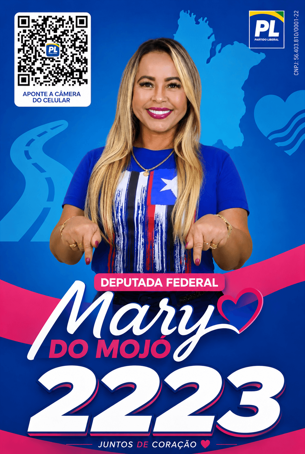 Arte da campanha de Mary do Mojó, candidata a deputada federal pelo PL, número 2223. Juntos de coração.